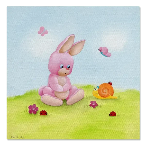 תמונת קנבס שפן ורוד עם חילזון כתום, נפגשים בדשא, מוקפים בפרחים חיפושית ופרפרים