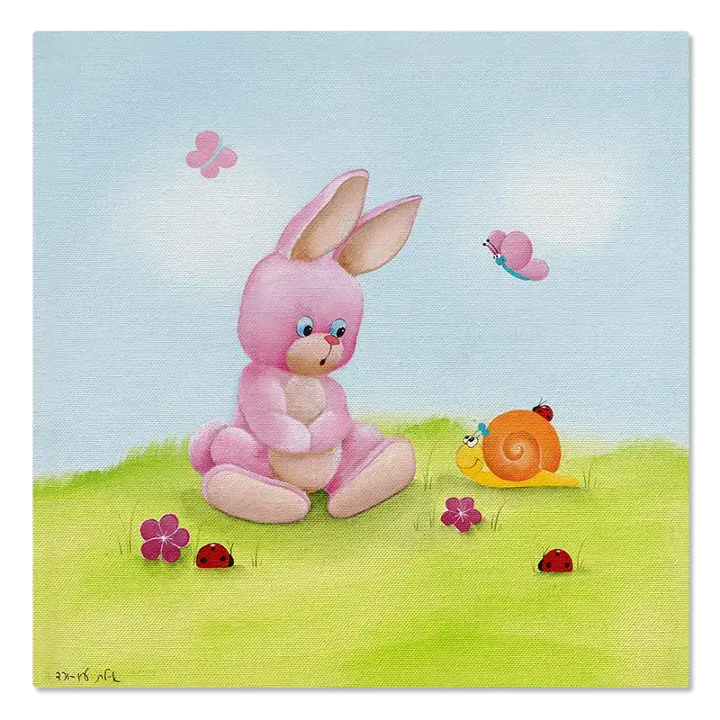 תמונת קנבס שפן ורוד עם חילזון כתום, נפגשים בדשא, מוקפים בפרחים חיפושית ופרפרים