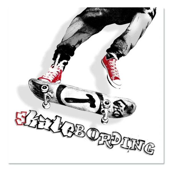 תמונת קנבס של סקייטר בקפיצה, בעיצוב שחור לבן עם נעליים אדומות וטקסט גרפי