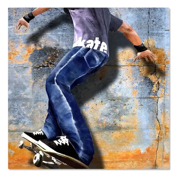 תמונת קנבס של סקייטר, עם חולצת סקייט וג׳ינס, בתרגיל על סקייטבורד, על רקע קיר בטון מחוספס
