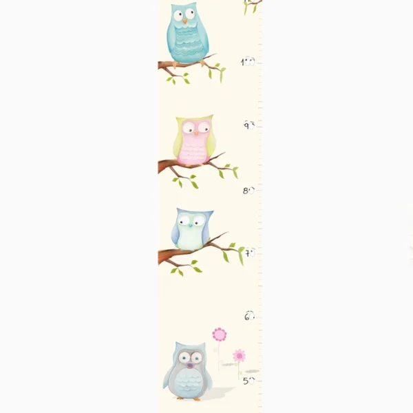 מקטע ממד גובה לילדים בעיצוב ינשופים צבעוניים ברקע שמנת, עם ספרות שמעוצבות כעיניים