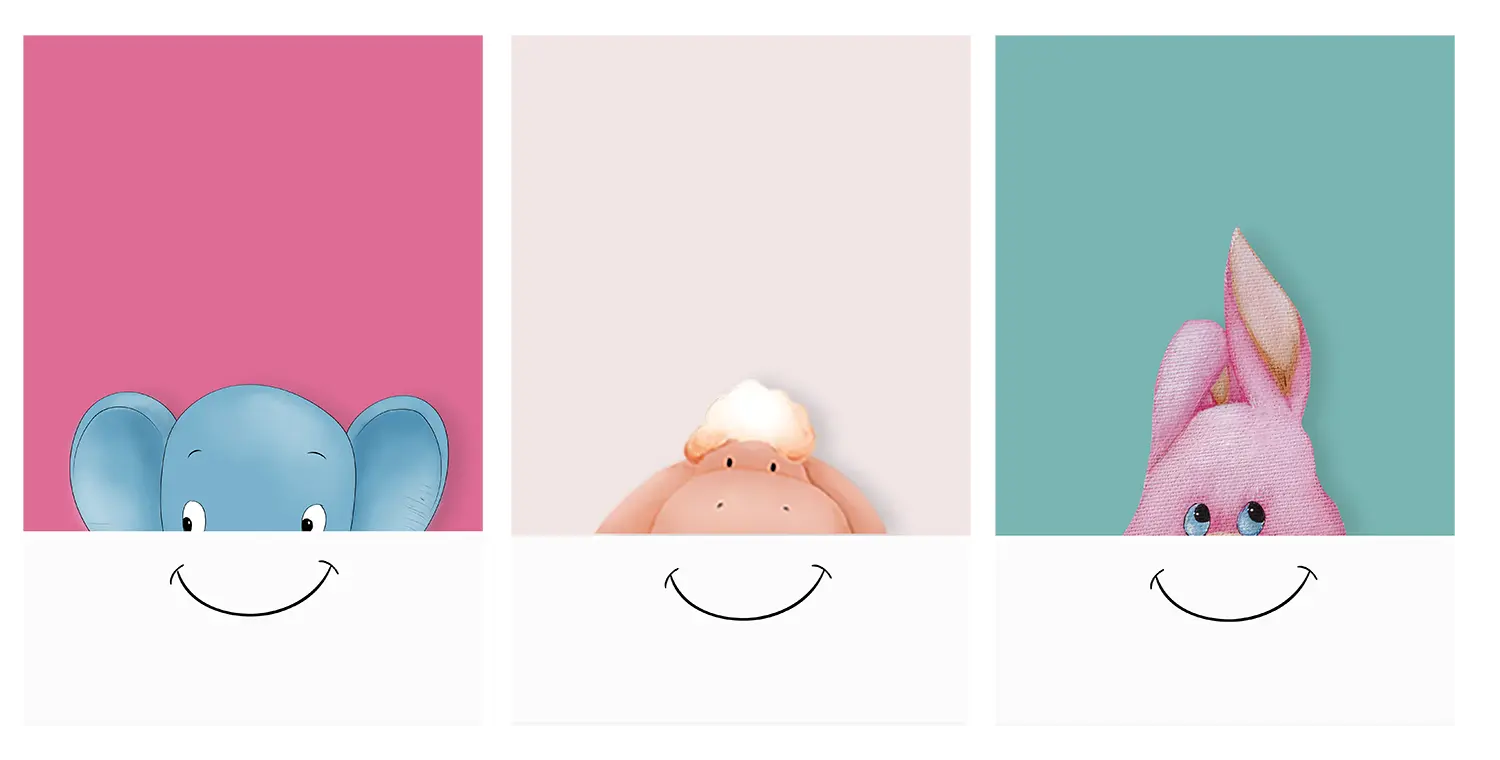 איור של פיל, כבשה וארנב מחייכים מהקולקציה של איילת עין-ורד