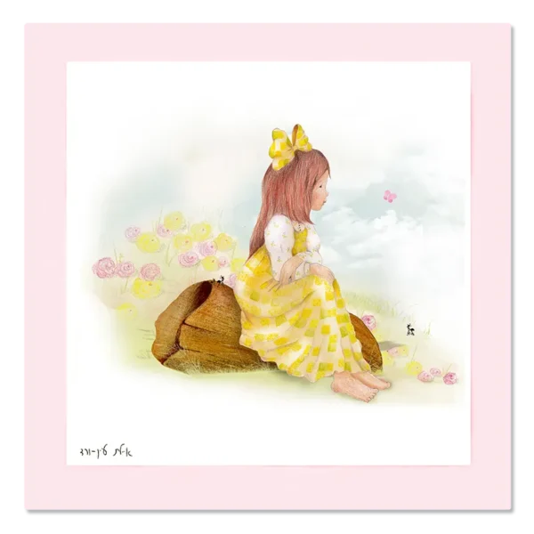 תמונת קנבס נערה בשדה יושבת על גזע עץ ומסתכלת על פרפר