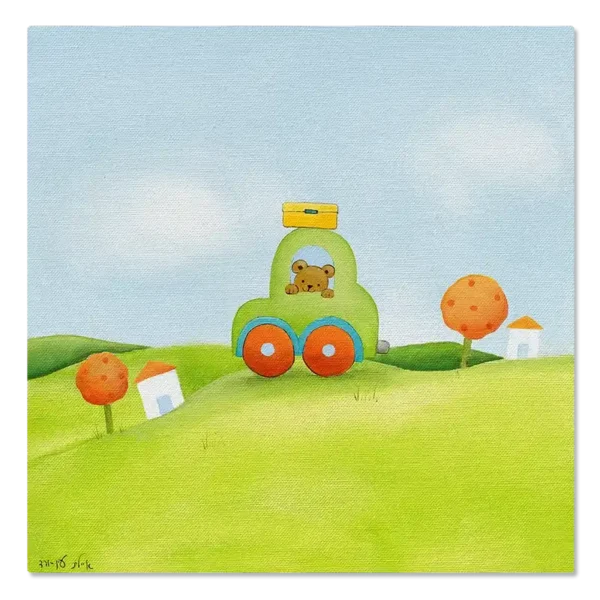 תמונת קנבס דובי נוסע בבימבה ירוקה, ברקע גבעות מוריקות ושמיים כחולים