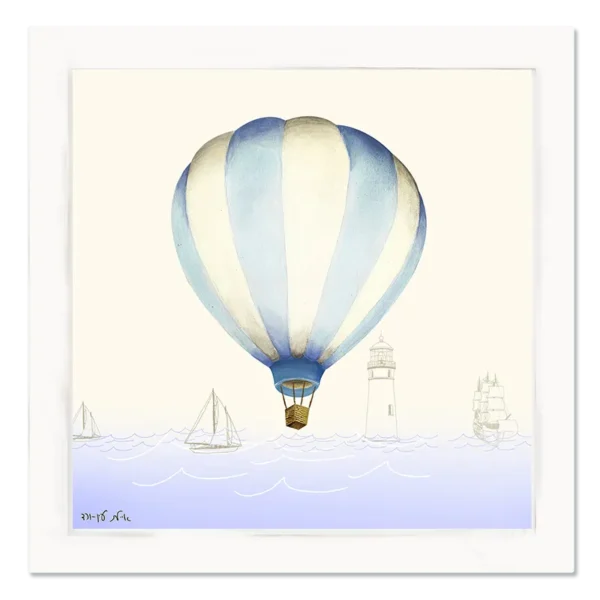 תמונת קנבס של כדור פורח כחול, על רקע שמנת ולילך עדין, עם אלמנטים של ים