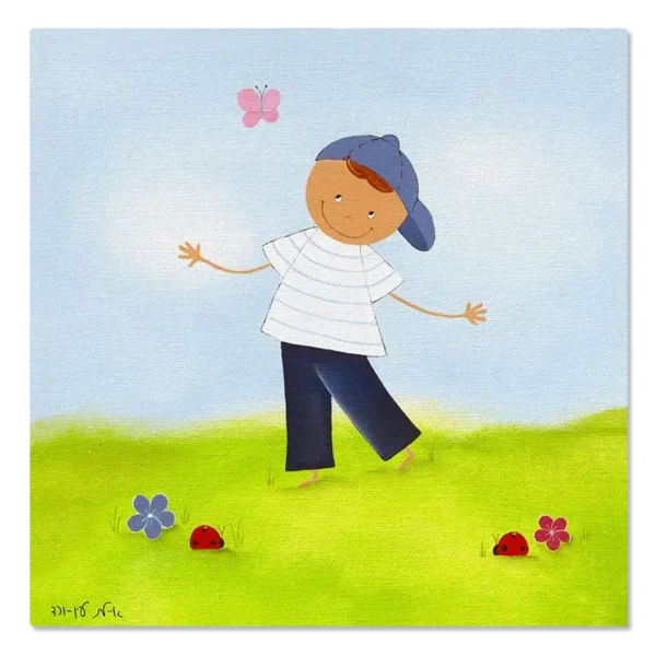 תמונת קנבס משחק עם פרפר, על דשא ושמיים כחולים