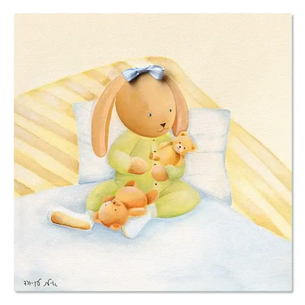 תמונת קנבס של שפן בפיג'מה מחובק במיטה עם דובונים רכים על מצעים בהירים