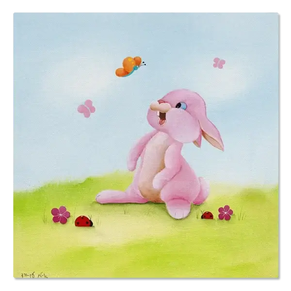 תמונת קנבס שפן ורוד מתפעל מפרפר כתום, מוקף בפרחים חיפושית ופרפרים