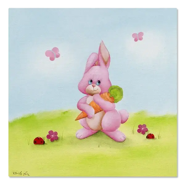 תמונת קנבס של שפן ורוד על דשא ירוק, מחזיק גזר, מסביבו פרחים ופרפרים