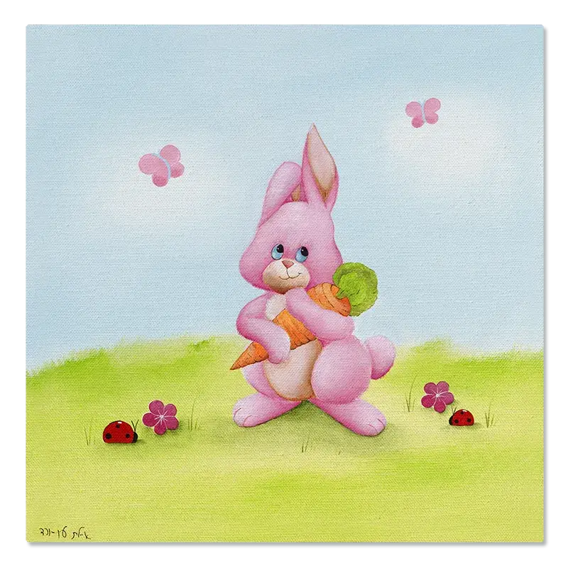 תמונת קנבס של שפן ורוד על דשא ירוק, מחזיק גזר, מסביבו פרחים ופרפרים