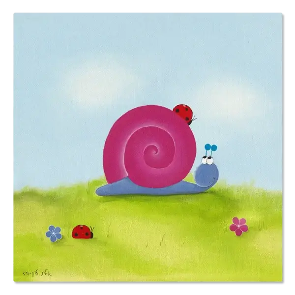 תמונת קנבס חיליק החילזון נפגש עם חיפושית על דשא ירוק ופורח