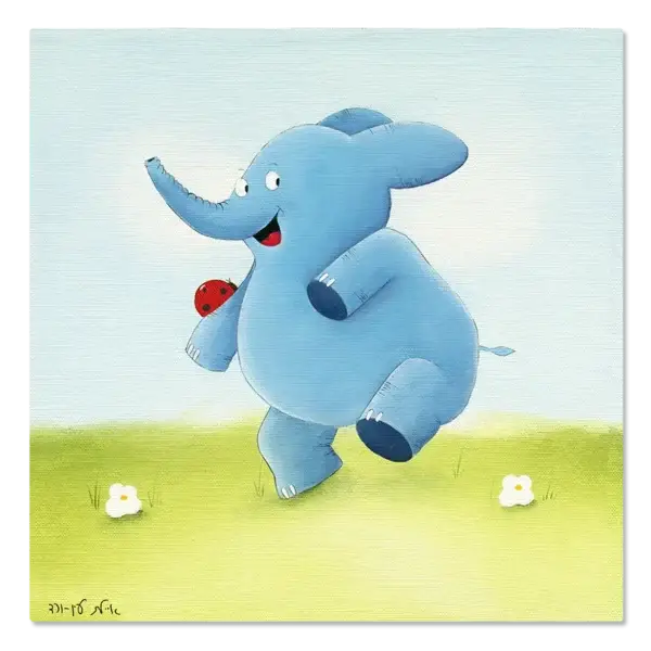 תמונת קנבס צ'רלי הפיל הכחול, רוקד עם חיפושית, על דשא ירוק ושמיים כחולים, במבט צד