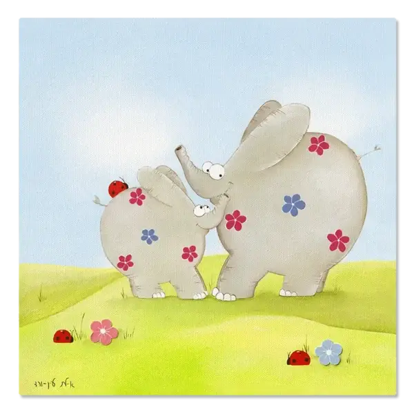 תמונת קנבס של פילה ופילון, מקושטים בפרחים, עומדים על דשא ירוק עם פרחים וחיפושיות