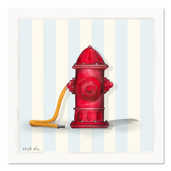 תמונת קנבס ברז כיבוי אדום, על רקע פסים תכלת שמנת