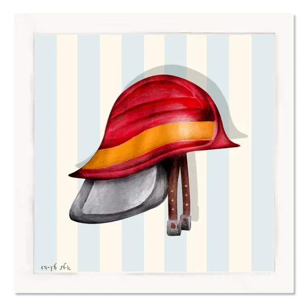 תמונת קנבס קסדת כבאי אדומה, על רקע פסים תכלת שמנת