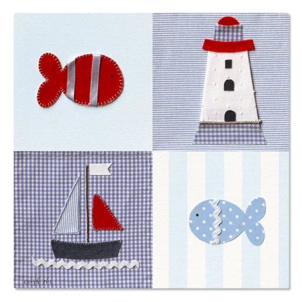 תמונת קנבס, הדפס של אפליקציית בד, דגים מגדלור וסירה, בגווני כחול, אדום ולבן