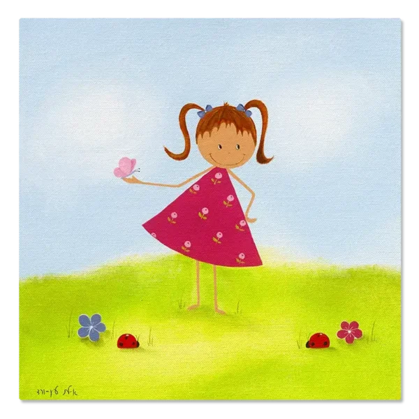 תמונת קנבס ילדה עם פרפר, על דשא ושמיים כחולים