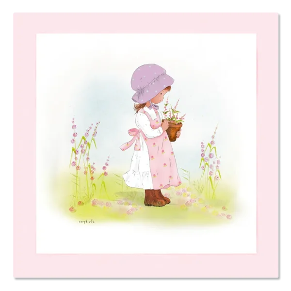 תמונת קנבס ילדה עם עציץ פרחים, על הדשא ברקע שמיים ופרחים