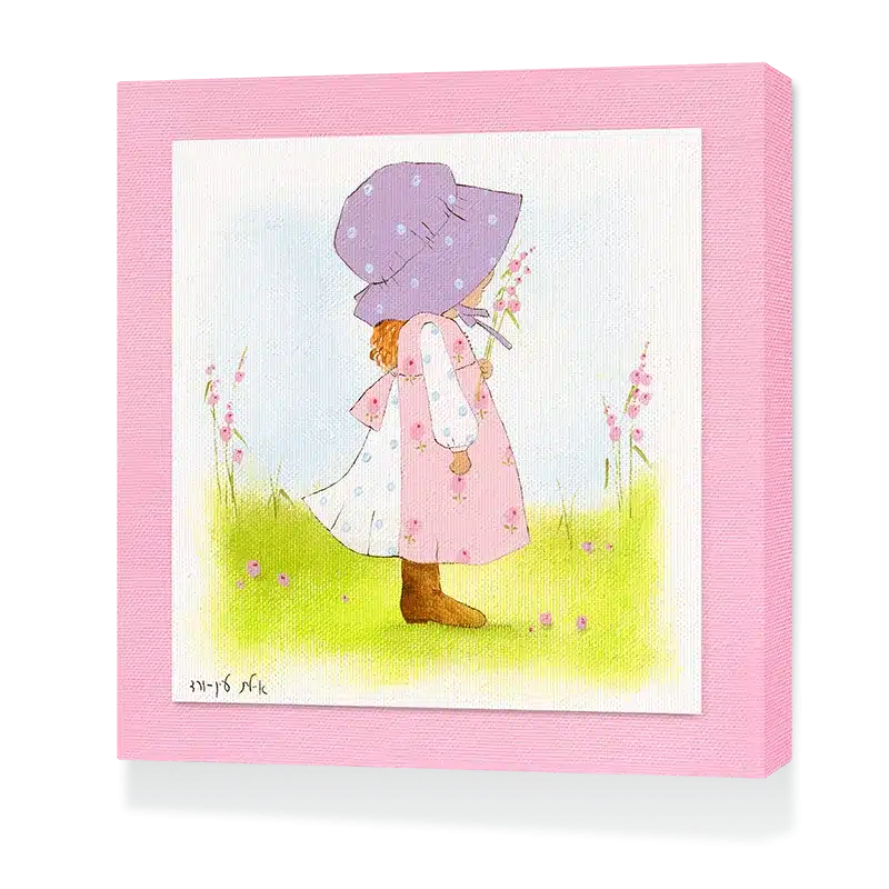 תמונת קנבס ילדה עם פרחים על הדשא ברקע שמיים ופרחים, מבט מהצד