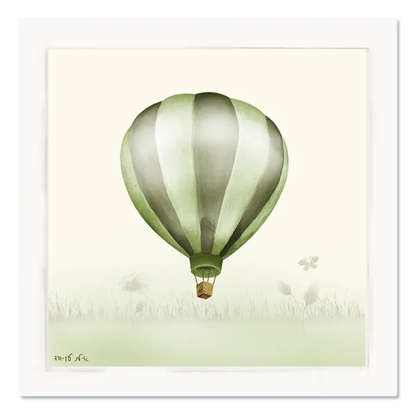 תמונת קנבס של כדור פורח ירוק זית, על רקע שמנת וירוק עדין, בעיצוב רך לחדר ילדים