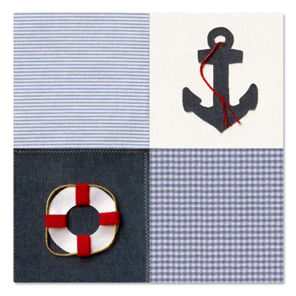 תמונת קנבס, הדפס של אפליקציית בד עוגן וגלגל, על רקע בד משובץ, ג'ינס ולבן