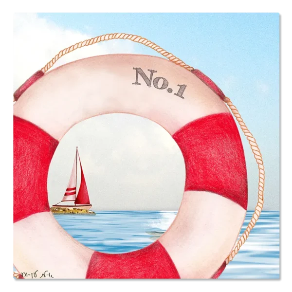 תמונת קנבס של גלגל ים אדום לבן, ברקע ים כחול רגוע, שמיים בהירים ועננים