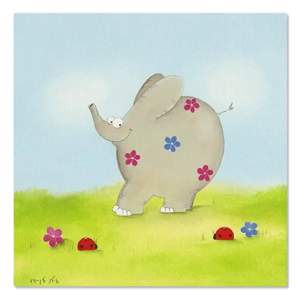 תמונת קנבס של פול הפיל הפרחוני, עומד על דשא ופרחים ברקע שמיים כחולים