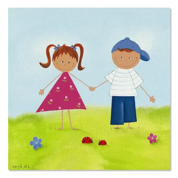 תמונת קנבס ילדים מחזיקים ידיים בגינה, על דשא ושמיים כחולים