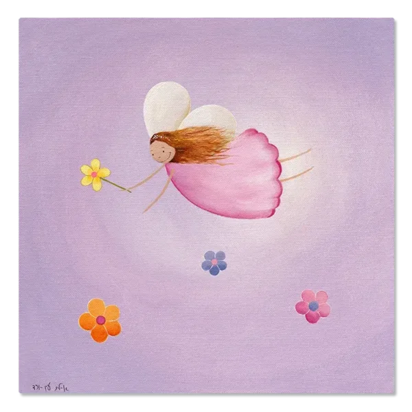 תמונת קנבס של פיית פרחים בשמלה ורודה, מרחפת על רקע סגול