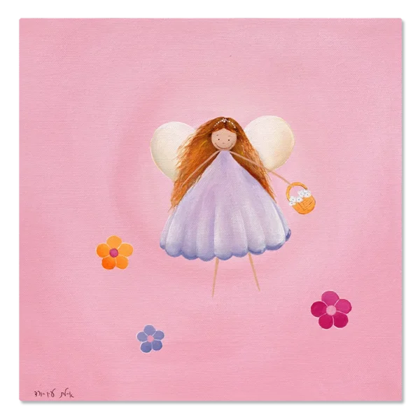 תמונת קנבס של פייה בשמלה סגולה, מרחפת בשמיים מעל שדה ירוק