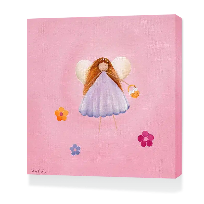 תמונת קנבס של פיית כוכבים בשמלה סגולה, מרחפת על רקע ורוד, מבט מהצד