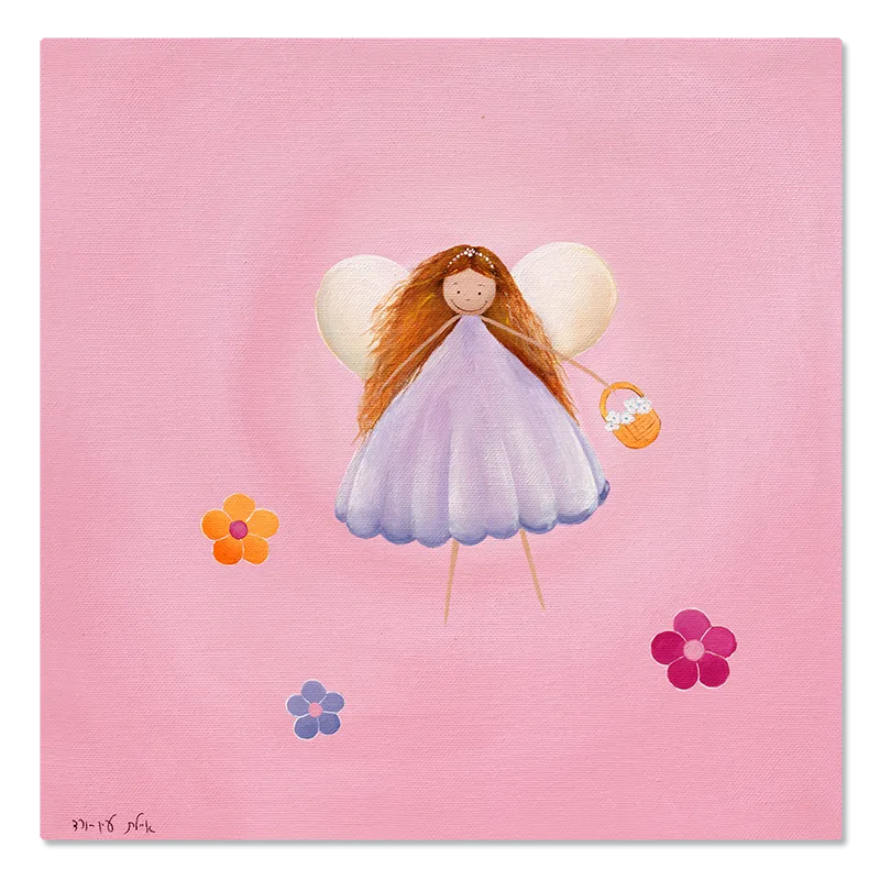 תמונת קנבס של פייה בשמלה סגולה, מרחפת בשמיים מעל שדה ירוק