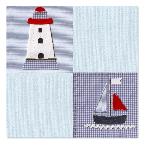 תמונת קנבס, הדפס של אפליקציית בד מגדלור וסירה, על רקע בד משובץ ותכלת בהיר