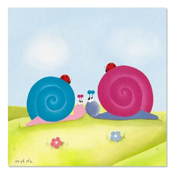 תמונת קנבס חלזונות ורוד וכחול נותנים נשיקה על הדשא