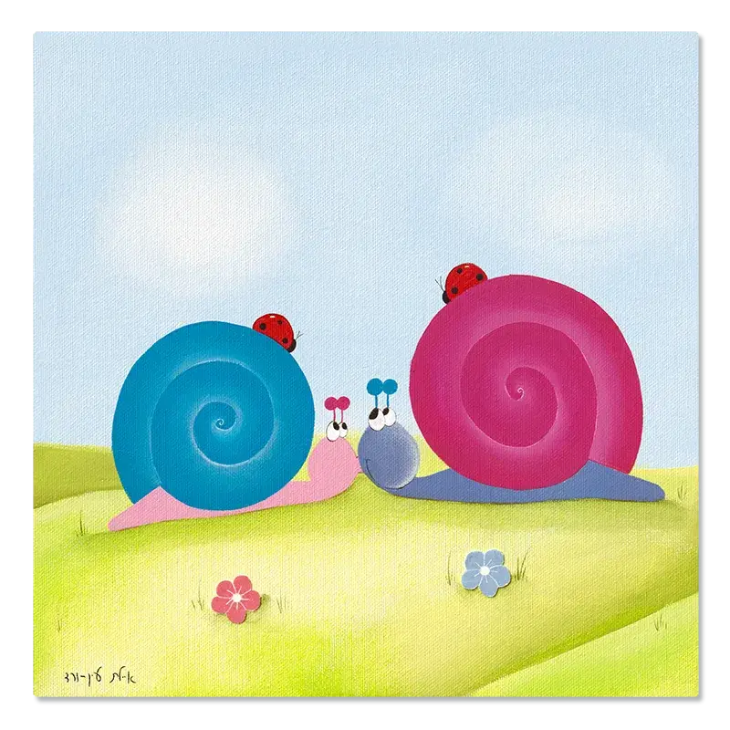 תמונת קנבס חלזונות ורוד וכחול נותנים נשיקה על הדשא