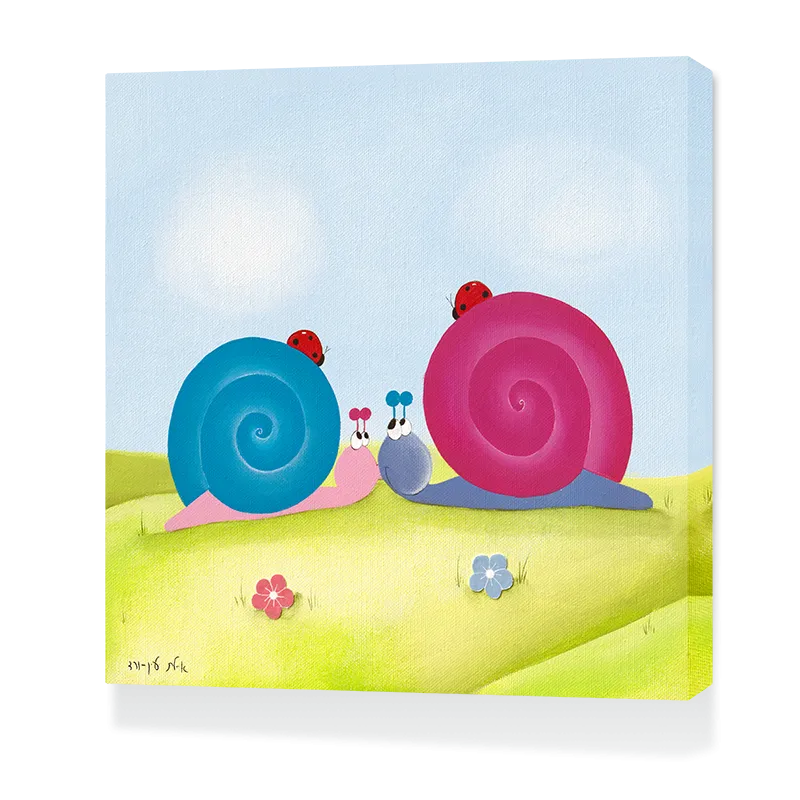 תמונת קנבס חלזונות ורוד וכחול נותנים נשיקה על הדשא, מבט מהצד