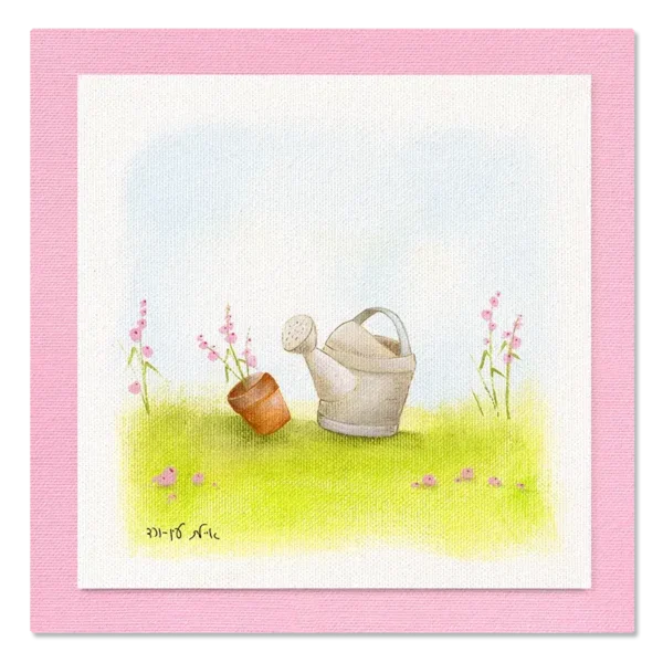 תמונת קנבס משפך ועציץ חרס, על הדשא ברקע שמיים ופרחים