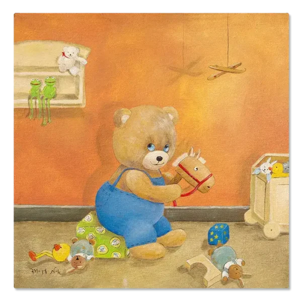 תמונת קנבס דובי משחק עם סוס עץ בחדר הצעצועים בגוונים חמים