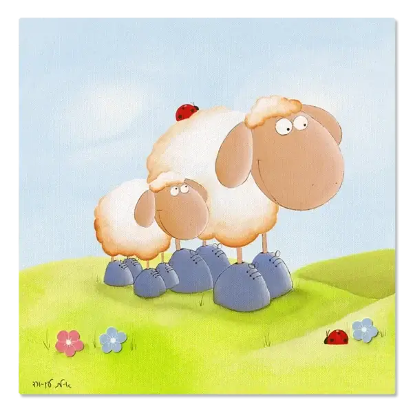 תמונת קנבס של זוג כבשים על גבעה ירוקה, בנעליים כחולות, עם פרחים וחיפושית, על רקע שמיים תכולים