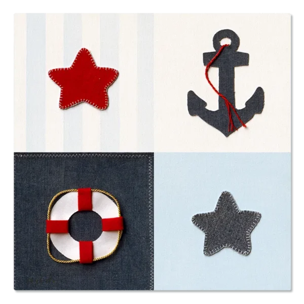 תמונת קנבס, הדפס של אפליקציית בד, כוכבי ים עוגן וגלגל, בגווני כחול, אדום ולבן