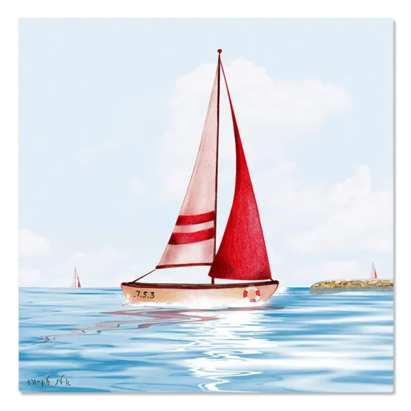 תמונת קנבס של מפרשית אדומה, שטה על ים כחול רגוע, ברקע שמיים בהירים ועננים