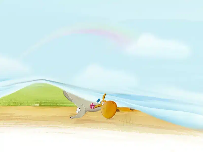 פיל וג'ירפה מציצים משמיים תכולים עם עננים וקשת בענן